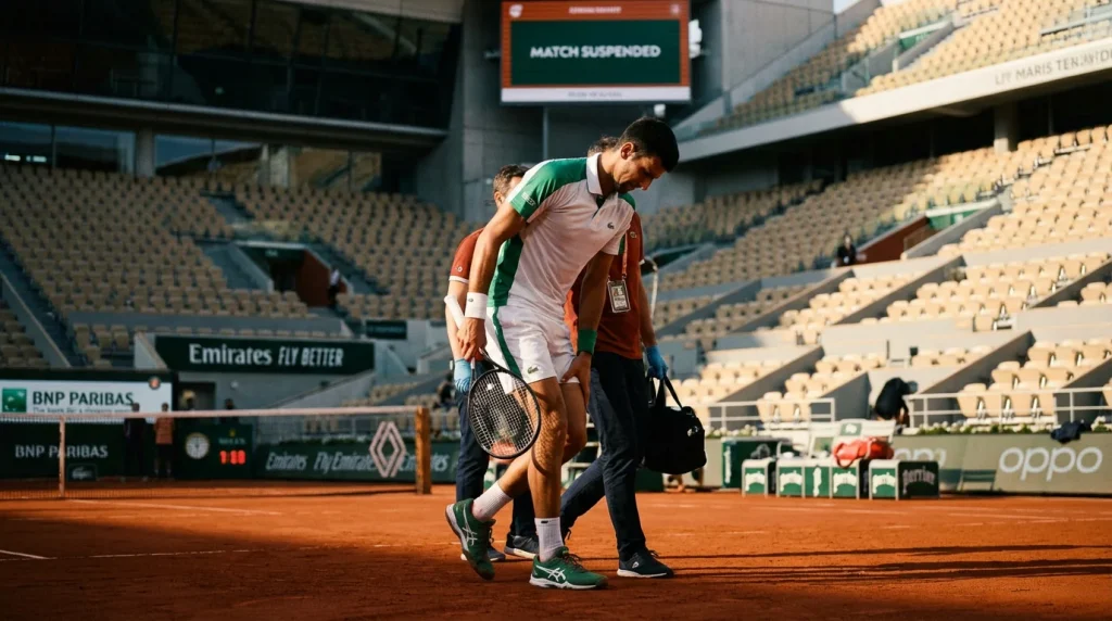 Joueur de tennis quittant le court suite à une blessure pendant un match
