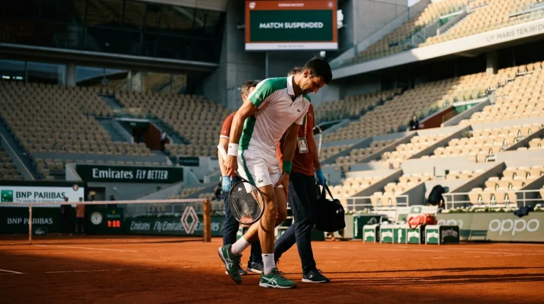 Joueur de tennis quittant le court suite à une blessure pendant un match