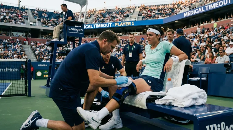 Joueur de tennis avec bandage recevant des soins médicaux