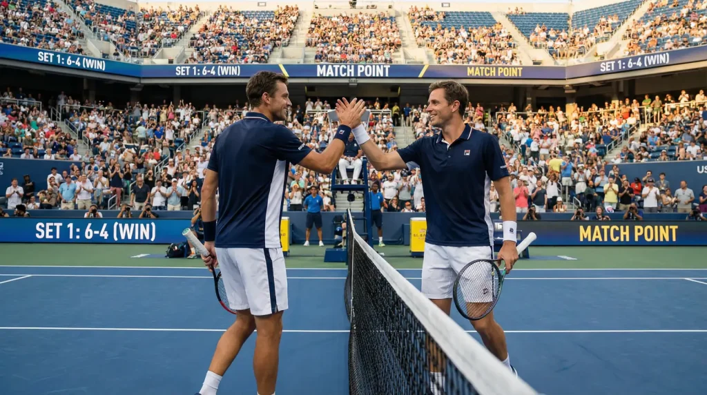 Équipe de double tennis en action avec analyse pour les paris