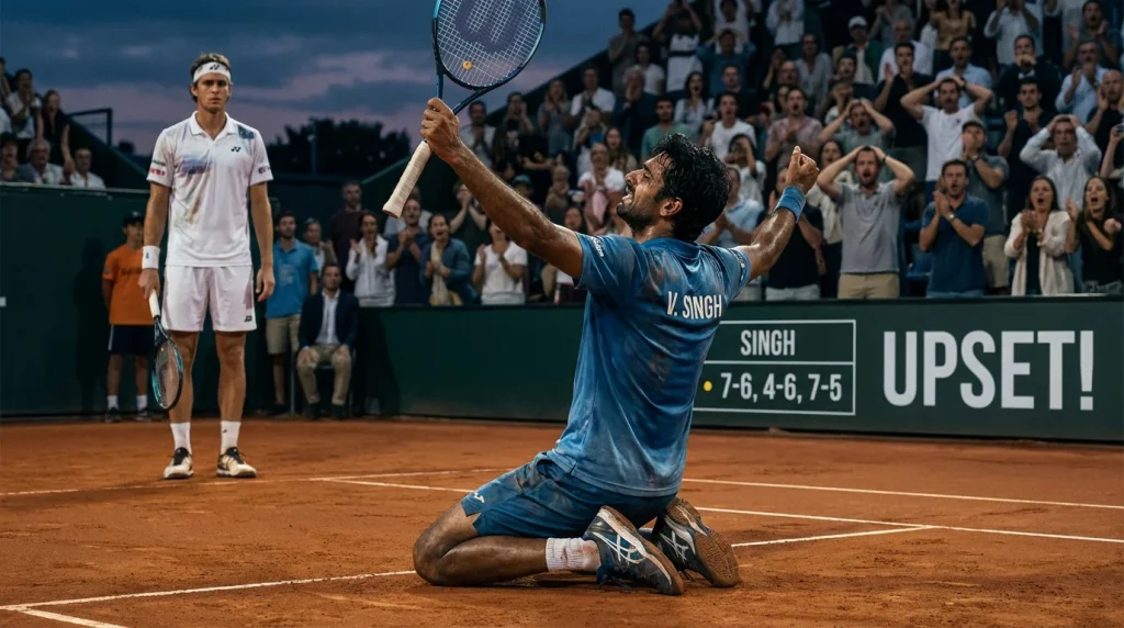 Joueur outsider célébrant une victoire surprise au tennis