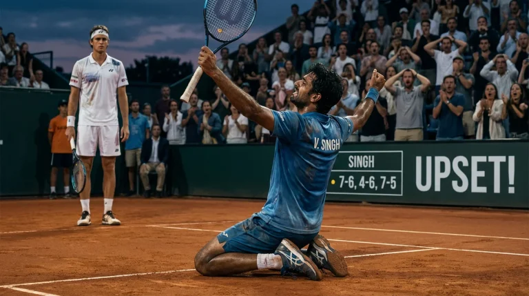 Joueur outsider célébrant une victoire surprise au tennis